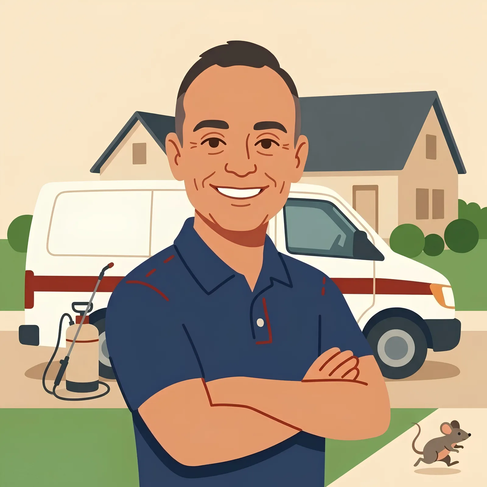 Illustration of Frank in the navy Mission polo, arms crossed, in front of the Mission van